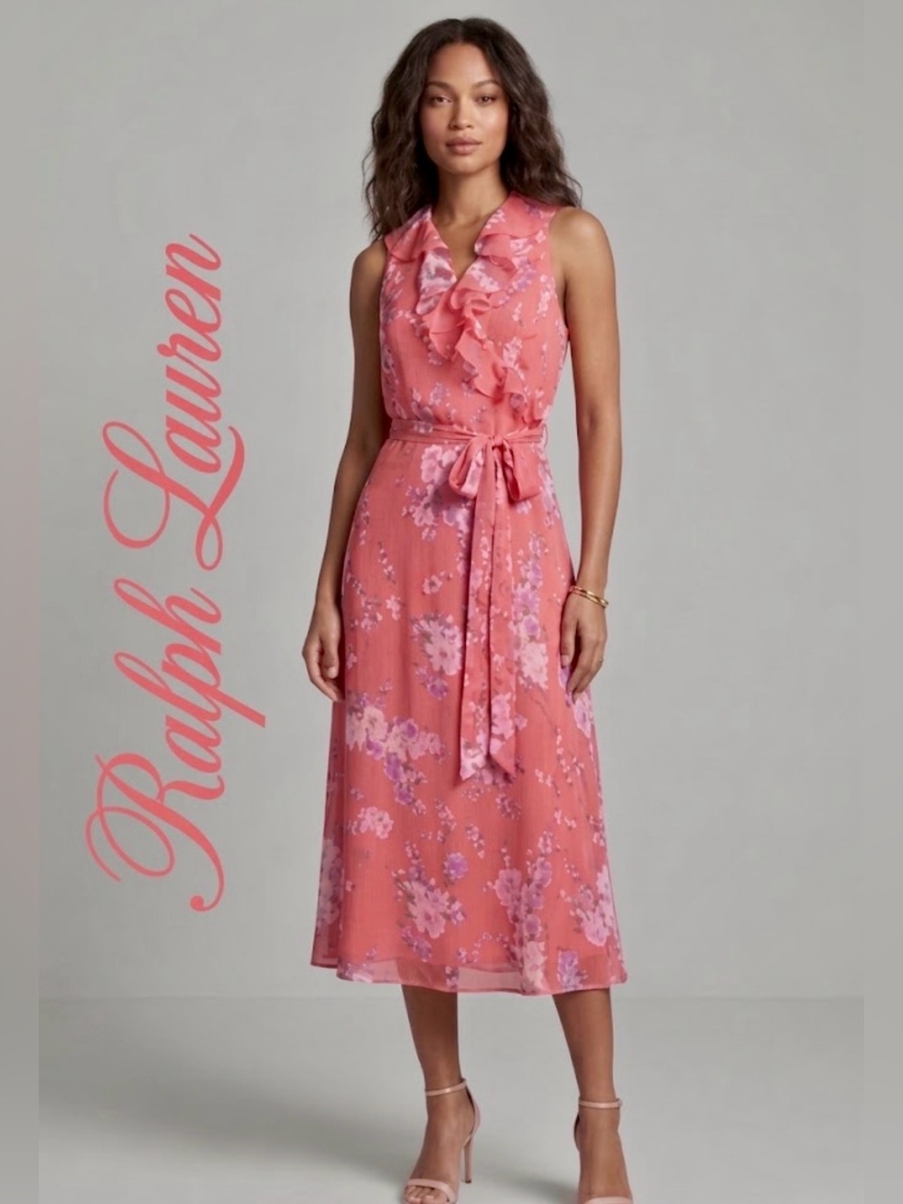 Lauren Ralph Lauren Floral Ruffle V-Neck Midi Dress Coral Pink Belted Size 12